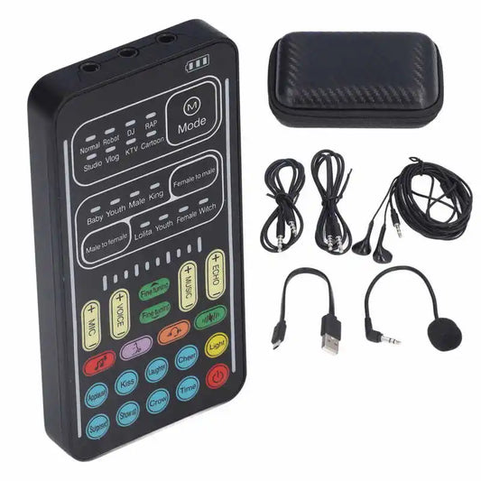 Mini Voice Changer Sound Card Set – LED Light Audio Mixer for Live Streaming & Recording
