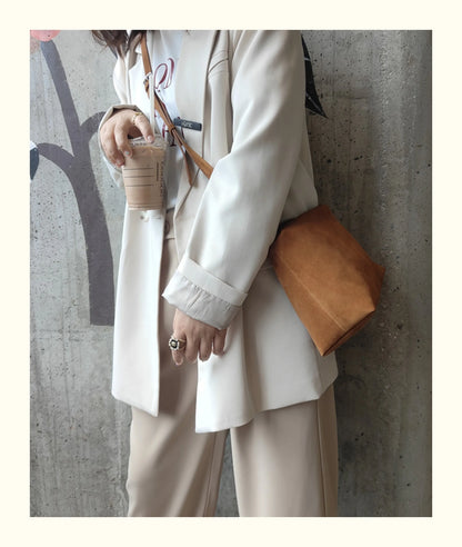 Simple Autumn Winter Grey & Brown Boston Tote — Soft Matte Suede Cow Leather Women's Shoulder Handbag