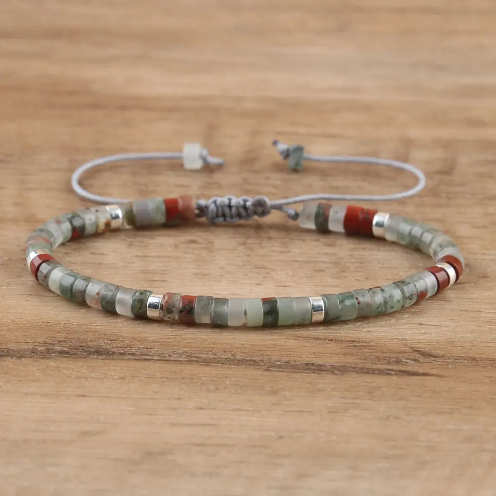 Natural Blue Emperor Stone Beaded Bracelet – Polished Block Beads, Adjustable Woven Rope Women’s Gift Jewelry