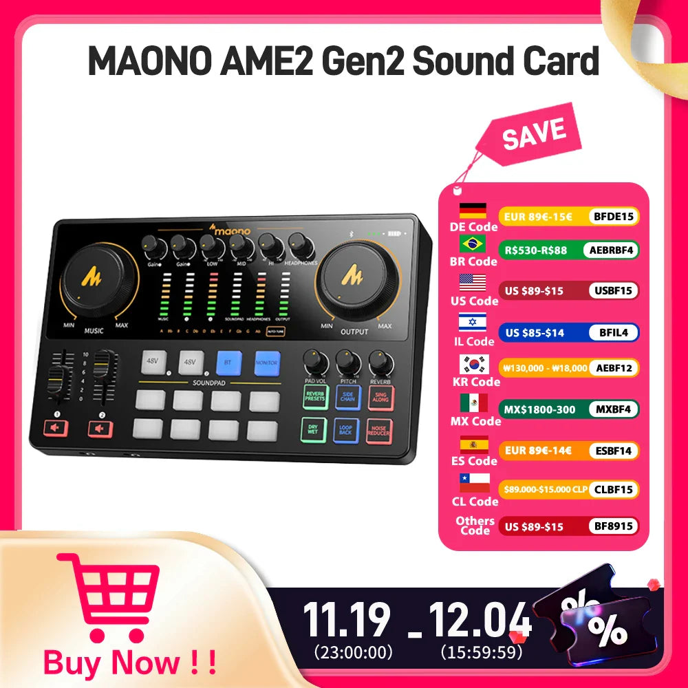 MaonoCaster AME2 Gen2 Audio Interface Mixer — Dual XLR Podcast & Guitar Streaming with Pro Preamp