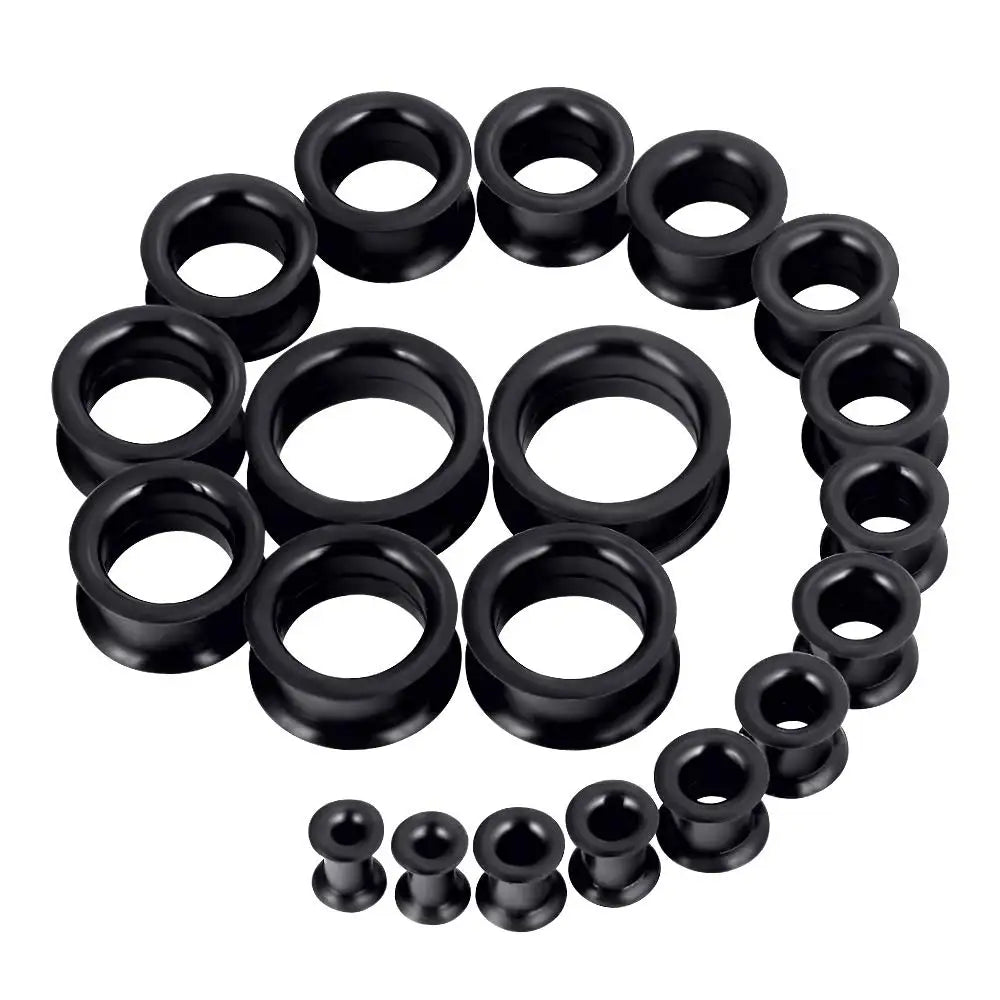 Pair of Supersize Black Silicone Double Flared Ear Tunnel Plugs — Flesh Gauge Expander Stretchers for Piercing