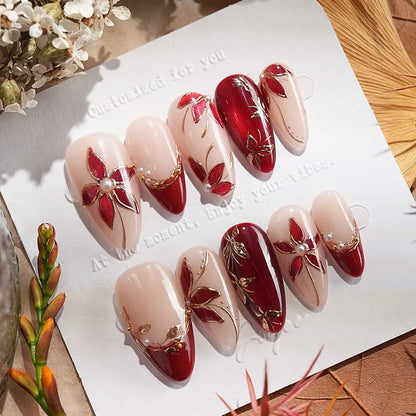 24PCS Strawberry Bow Press On Nails - Red Short Almond Pearl Starlight Floral False Nail Art Tips