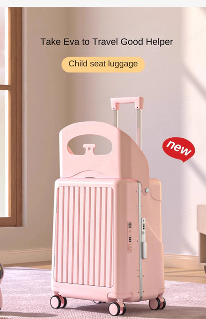 2025 Kids Suitcase with Seat & Charging Port – Baby Boarding Trolley Luggage with Safety Belts & Side Opening, 20/22/24 inch