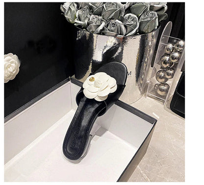 Luxury Women’s Flower Slippers — Camellia Open-Toe Slides for Home & Outdoor, Ladies Flip Flop Sandals