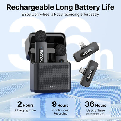 BOYA BY-V3 Wireless Lavalier Lapel Microphone – Noise-Cancelling Rechargeable Mic for iPhone, Android, Camera & Vlogging