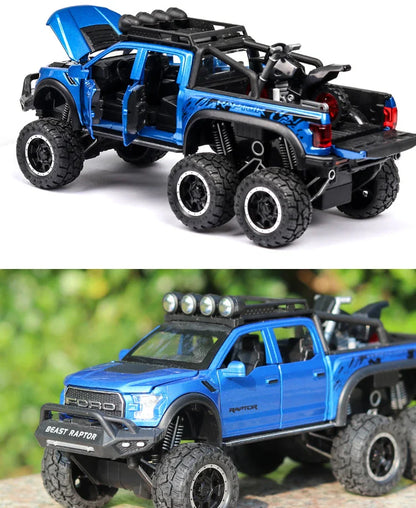 1:24 Diecast F150 Raptor Pickup Truck — Metal Model Car with Sound & Light for Kids Age 3+, Blue