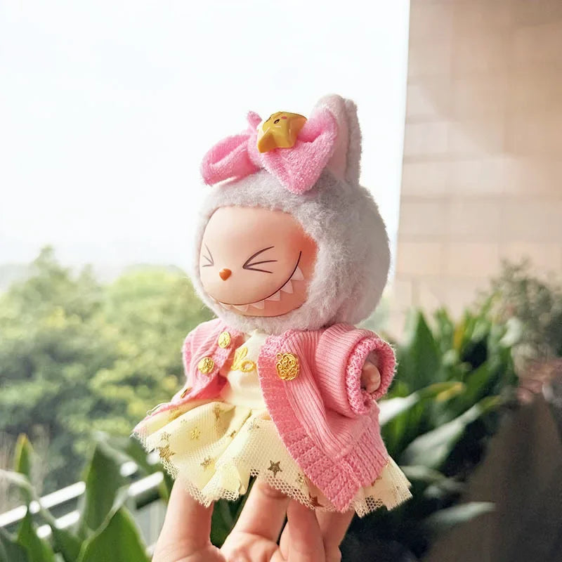 17cm Labubu Doll Clothes — Macaron Outfit Set with Hair Accessories | Cute DIY Gift for Kids