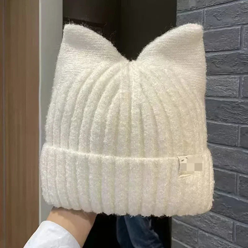 Cute Cat Ears Beanie for Women – Warm Autumn Winter Knitted Hat, Sweet Ear Protection Pullover