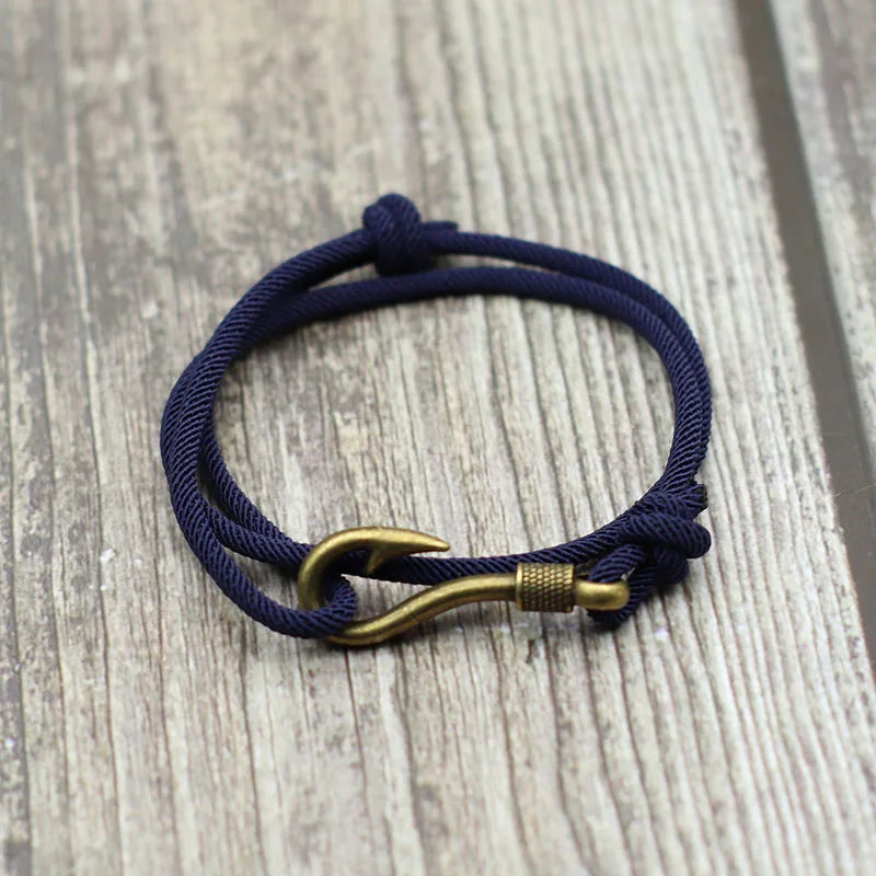 Vintage Fish Hook Men's Bracelet – Double Layer Braided Lucky Wine Red Adjustable Bracelet, Gift for Him