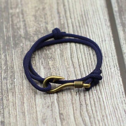 Vintage Fish Hook Men's Bracelet – Double Layer Braided Lucky Wine Red Adjustable Bracelet, Gift for Him