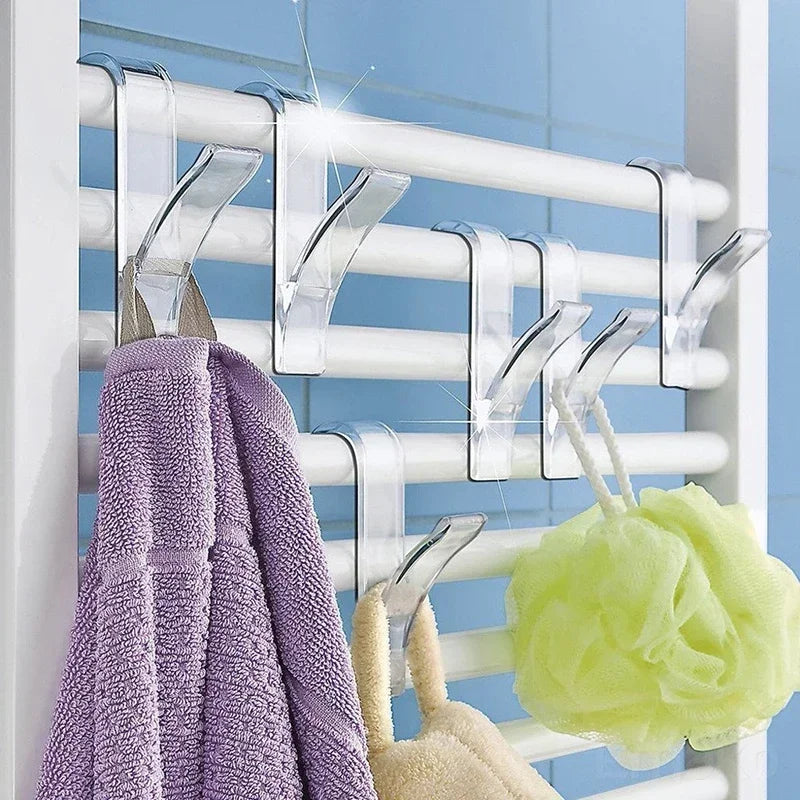 Versatile Kitchen & Bathroom Hanger Clips Storage Rack - White Clear Hanger for Heated Towel Radiator, Clothes, Scarves, Hooks, and More