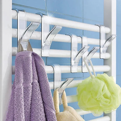 Versatile Kitchen & Bathroom Hanger Clips Storage Rack - White Clear Hanger for Heated Towel Radiator, Clothes, Scarves, Hooks, and More