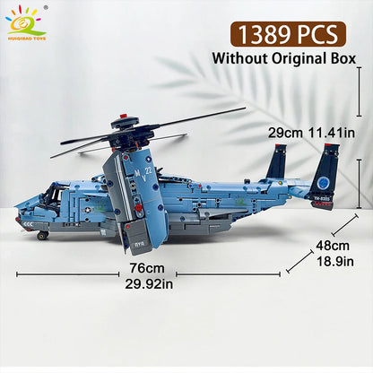 HUIQIBAO MOC 1389PCS V-22 Tiltrotor Aircraft Building Blocks – Military Helicopter Model Toy for Kids & Home Decor