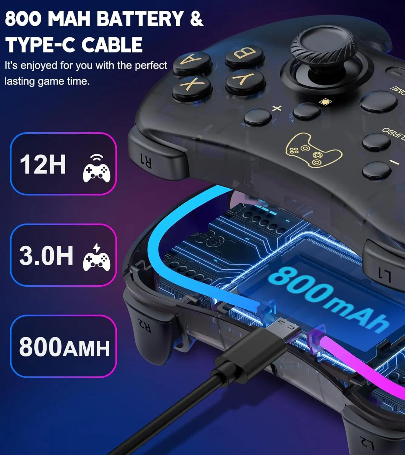 Controller 7039 for Nintendo Switch – Transparent Gamepad with RGB Lights, Turbo, Wake-Up, Multi-Platform & App Support