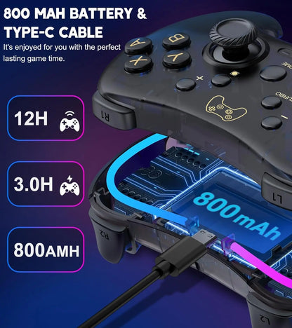 Controller 7039 for Nintendo Switch – Transparent Gamepad with RGB Lights, Turbo, Wake-Up, Multi-Platform & App Support