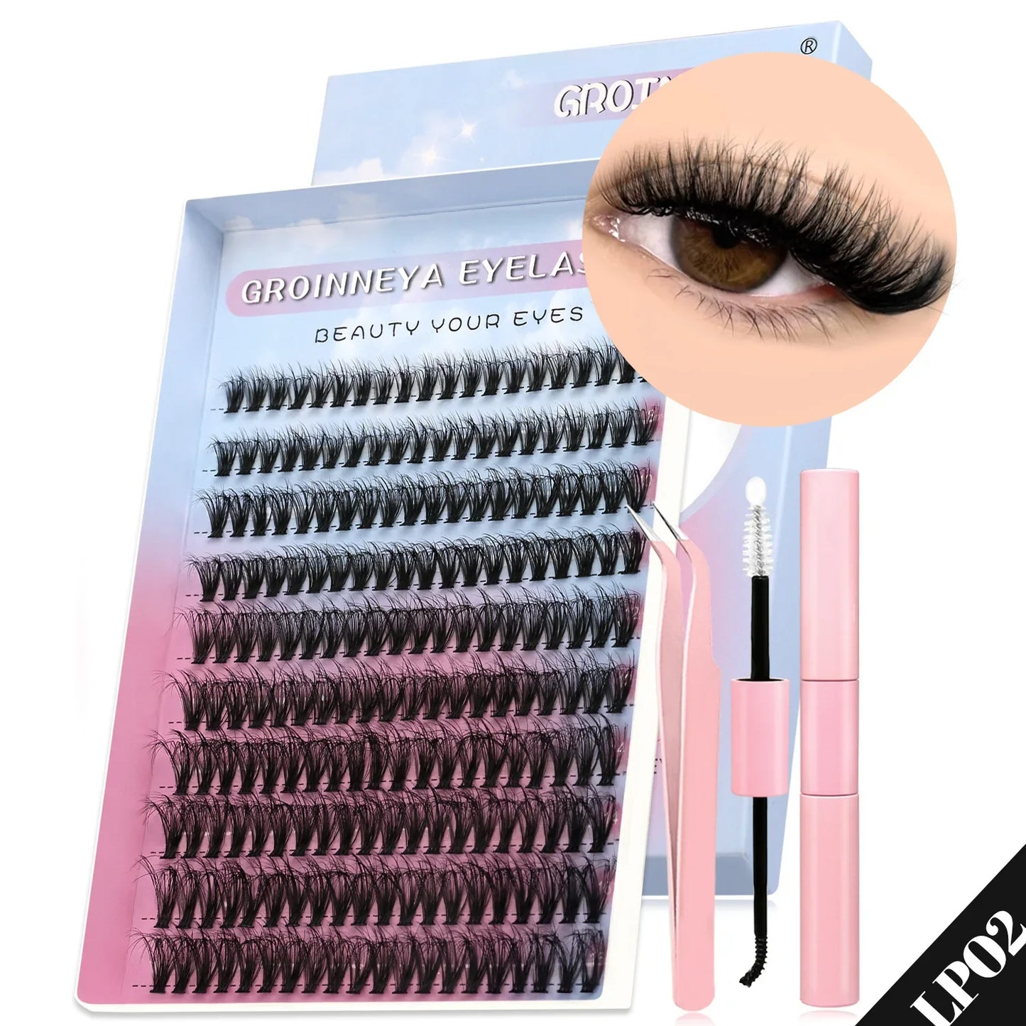 GROINNEYA Cat Lash Clusters Kit – 640pcs with Lash Bond & Seal, DIY Eyelash Extensions for Home Use
