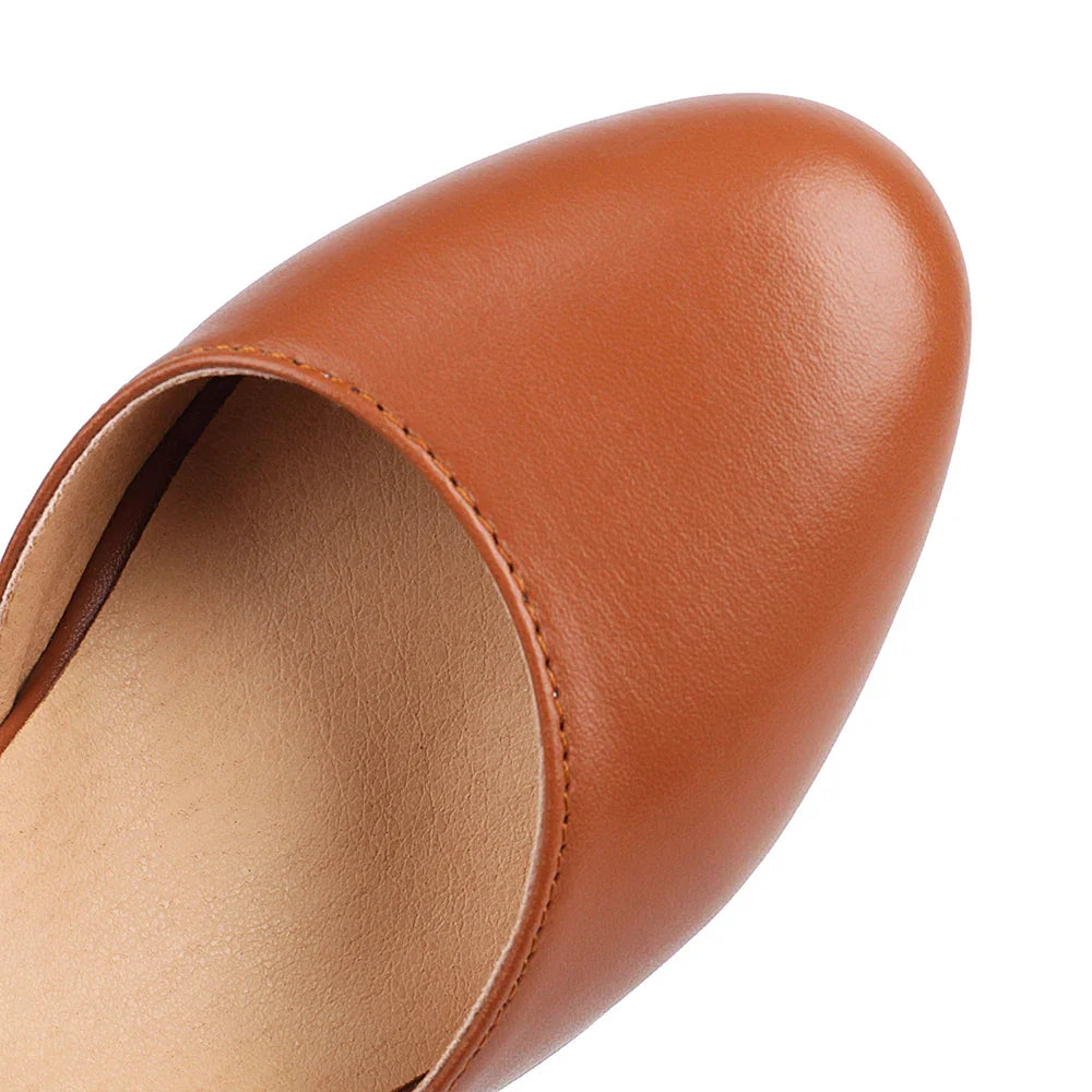 Women’s Brown Fashion Pumps – Round Toe High Heels with Rubber Sole & Black Platform, Leather Shoes for Spring & Autumn