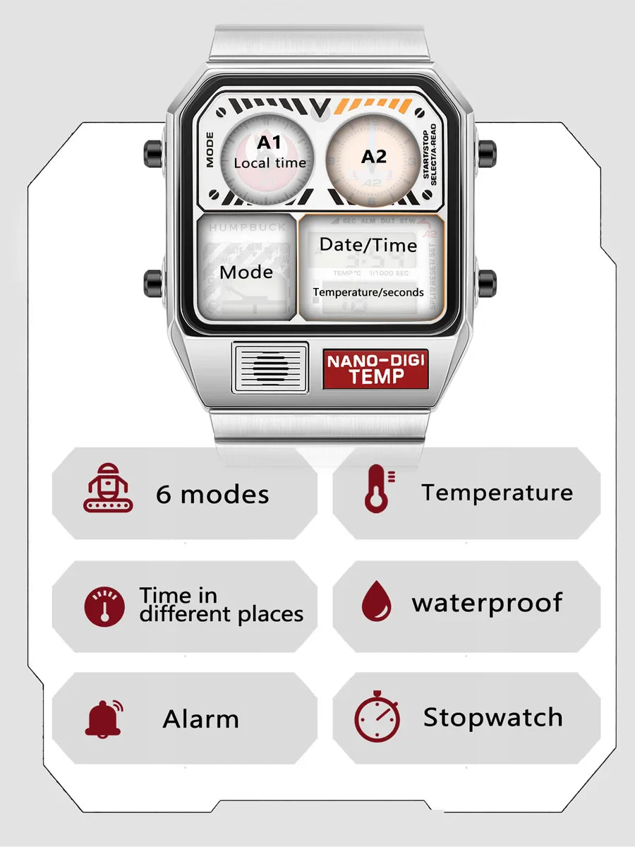 HUMPBUCK Men’s Digital Watch – Multifunctional Classic Wristwatch with Temperature, Stopwatch, Dual Time & Calendar