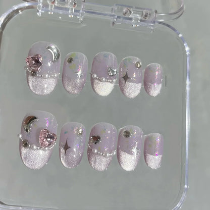 10 Pcs Short Handmade Pink Press-On Nails – Spring French Rhinestone Plaid Full Cover Fake Nail Tips