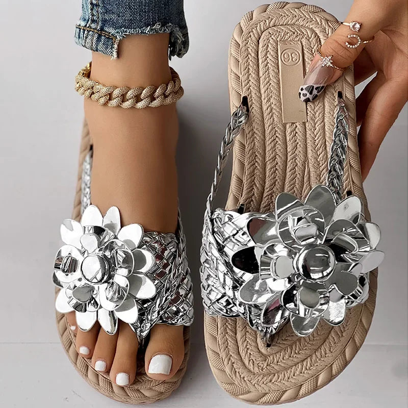 Women's Braided Floral Flip Flops - Flat Open-Toe Vacation Sandals