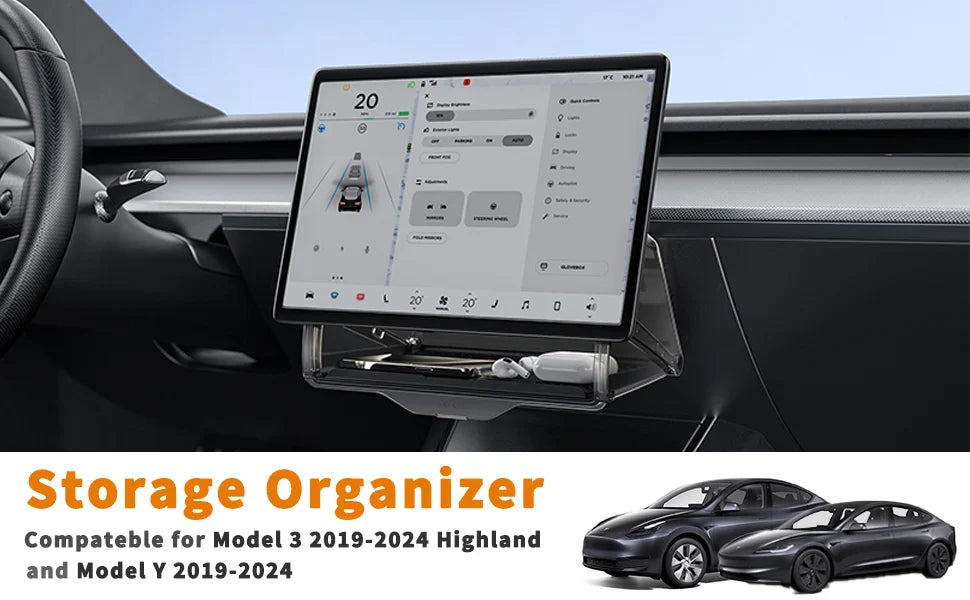 Center Console Organizer for Tesla Model 3 & Model Y Highland – Anti-Slip Under Screen Storage Box with Screen Back Storage