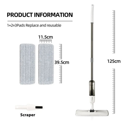 DARIS 360° Spray Flat Mop — Reusable Microfiber Pads with 500ML Large Capacity Square Triangle Bottle
