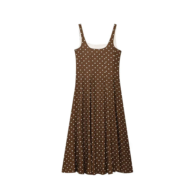 Elegant Women’s Polka Dot Maxi Dress – Chic Sleeveless Round Neck High Waist Slim Fit Vestido for Party & Street, 2025 New