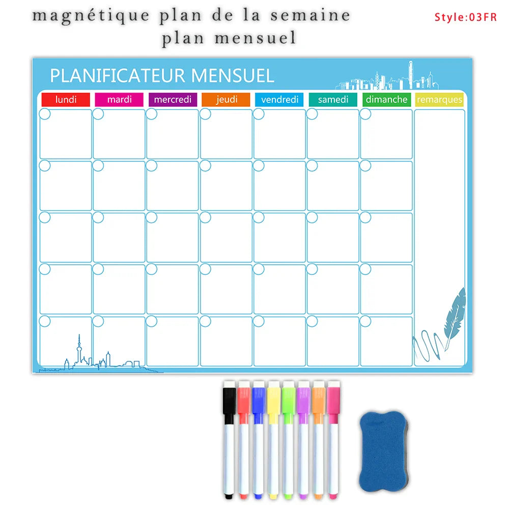 A3 Dry Erase Whiteboard Fridge Calendar – Weekly & Monthly Planner in Spanish, French, English