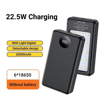 6×18650 20000mAh Power Bank Case – 22.5W Fast Charge & 15W Wireless Charging Battery Holder for Phones