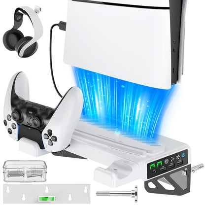 PS5/PS5 Slim/PS5 Pro Wall Mount Kit – With Charging Station, Cooling Fans & Headset Hanger, Behind-TV Wall Stand