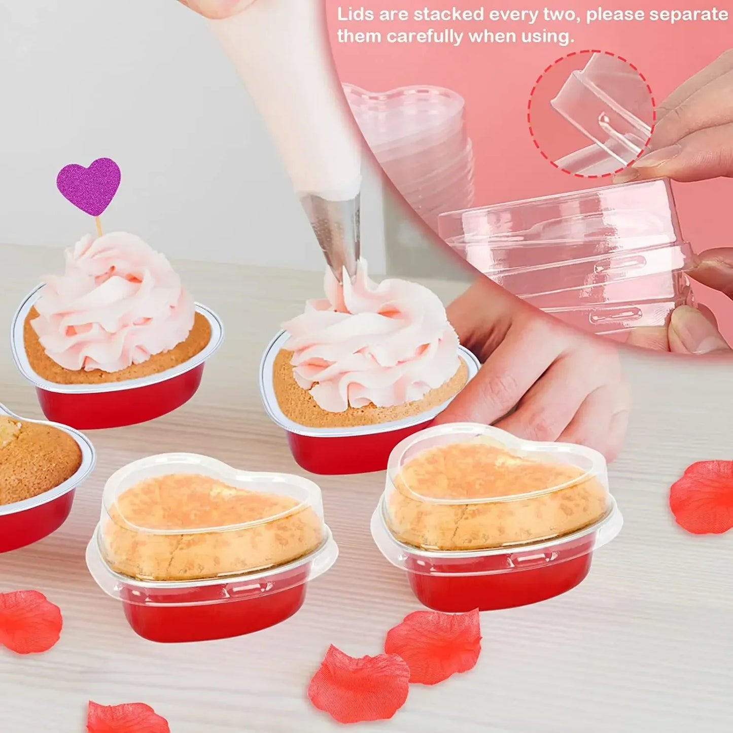 50Pcs 100ml Tin Foil Aluminum Pudding Cups with Lid - Heart-shaped Disposable Mini Mousse Cupcake Containers Baking Moulds