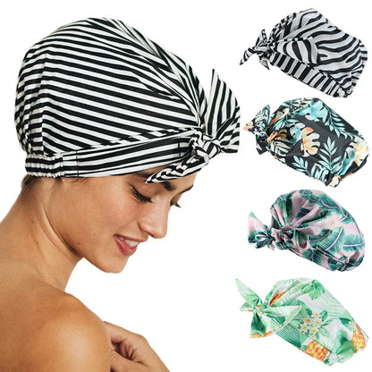 Stylish Waterproof Shower Cap - Striped Bath Cap with Adjustable Elastic Band for Women with Long Thick Hair