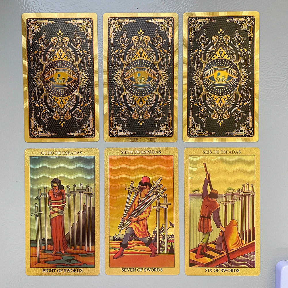 Spanish & English Golden Foil Tarot Deck – 12x7cm Prophecy Cards for Beginners with 2-Language Guidebook