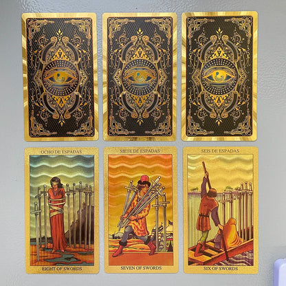 Spanish & English Golden Foil Tarot Deck – 12x7cm Prophecy Cards for Beginners with 2-Language Guidebook