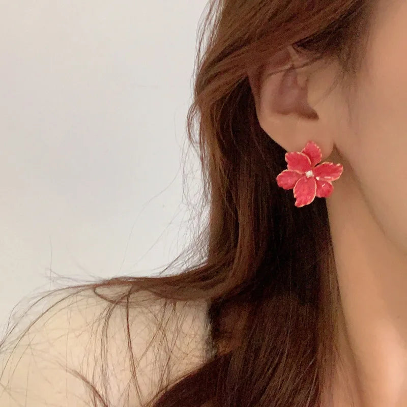 Modern 925 Silver Red Flower Stud Earrings — Spring/Summer Popular Big Earrings for Women & Girls, Fashion Jewelry Gift