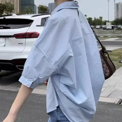 2025 Women’s Cotton Mid-Sleeve Loose Blouse – Casual Irregular Summer Shirt Korean Fashion