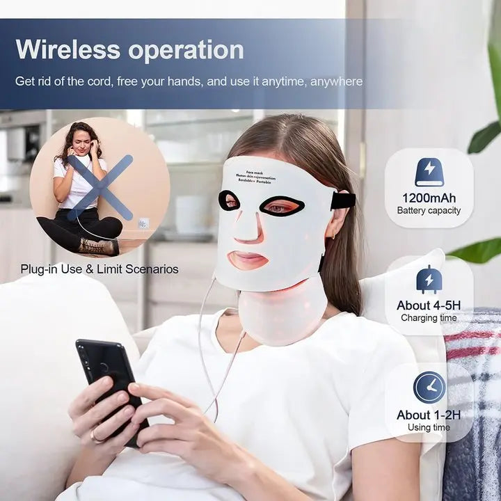Silicone LED Mask with Neck – 7-Color Photon Red Light & Infrared Therapy, Flexible Wireless Facial Skin Repair Mask