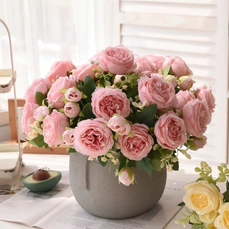 30cm Rose Pink Peony Silk Bouquet Artificial Flower, 5 Big Heads & 4 Small Buds for Wedding & Home Decor