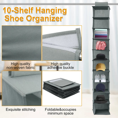 10-Layer Foldable Hanging Shoe Organizer – Non-Woven Space-Saving Shoe Rack for Home Bedroom Closet