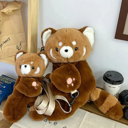 Red Panda Plush Backpack, Cute Plushie Doll Crossbody, Soft Fur Shoulder Bag for Women, Camping, Travel, Party, Birthday Gift