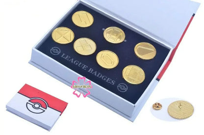 Set of 8 Pokémon Gym Badge Pins – League Region Brooches from Kanto, Johto, Hoenn, Sinnoh, Unova, Kalos & Orange Islands