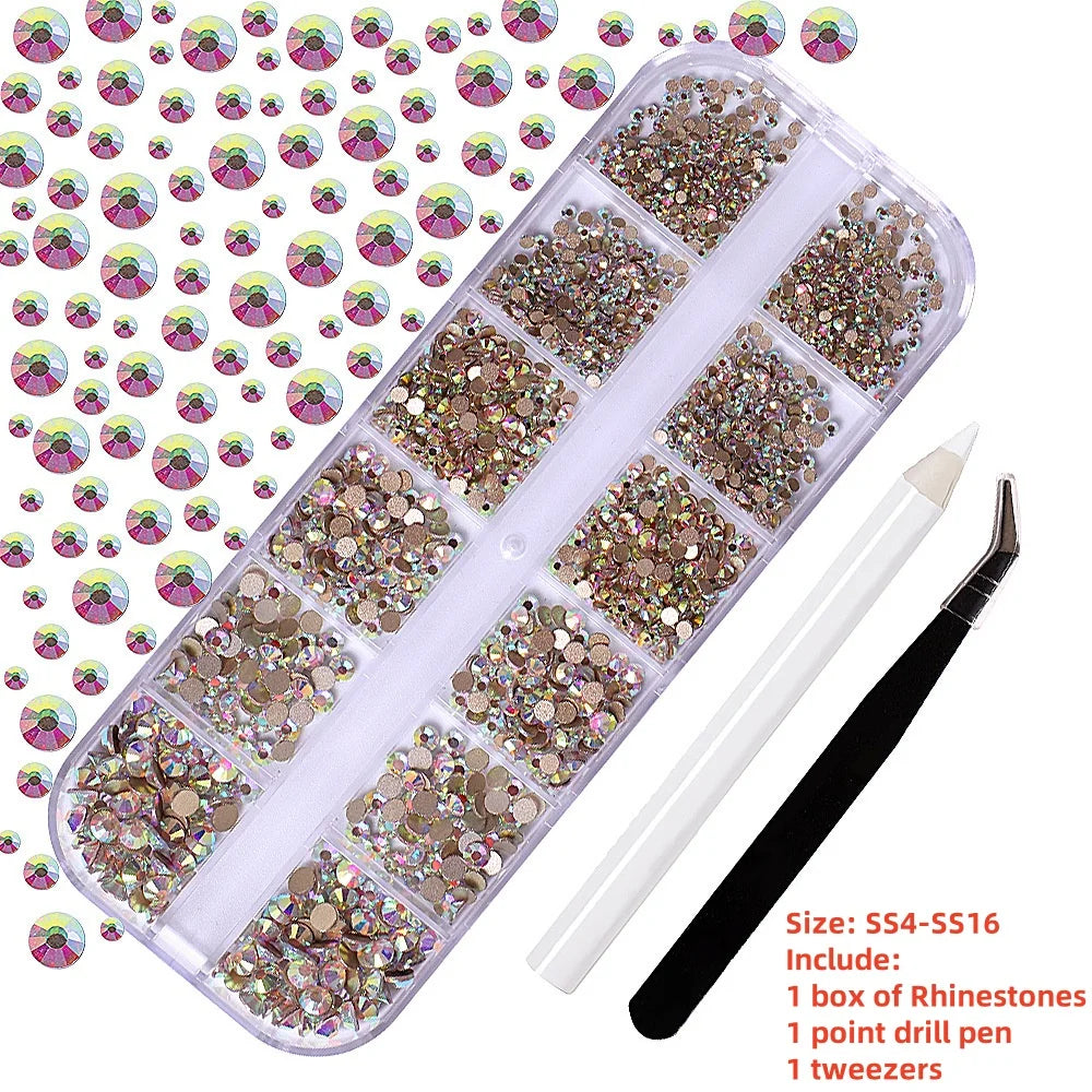 12-Grid 3D Glass AB Crystal Nail Art Rhinestones Kit – Flatback Round Beads with Tools for Nail Jewelry & Diamond Decoration