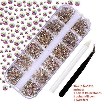 12-Grid 3D Glass AB Crystal Nail Art Rhinestones Kit – Flatback Round Beads with Tools for Nail Jewelry & Diamond Decoration