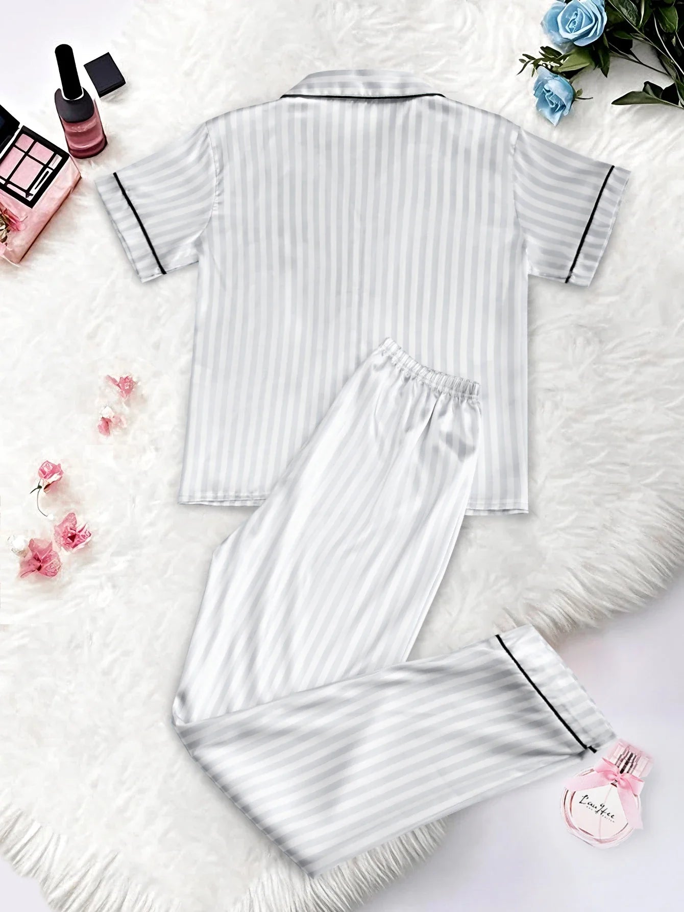 Classic Striped Satin Pajama Set – Short-Sleeve Top with Pocket & Long Pants Sleepwear with Lapel Collar