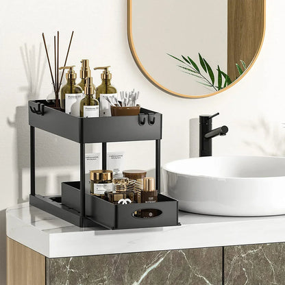 2-Tier Under Sink Organizer - Sliding Cabinet Basket with Hooks, Hanging Cup for Bathroom and Kitchen Storage