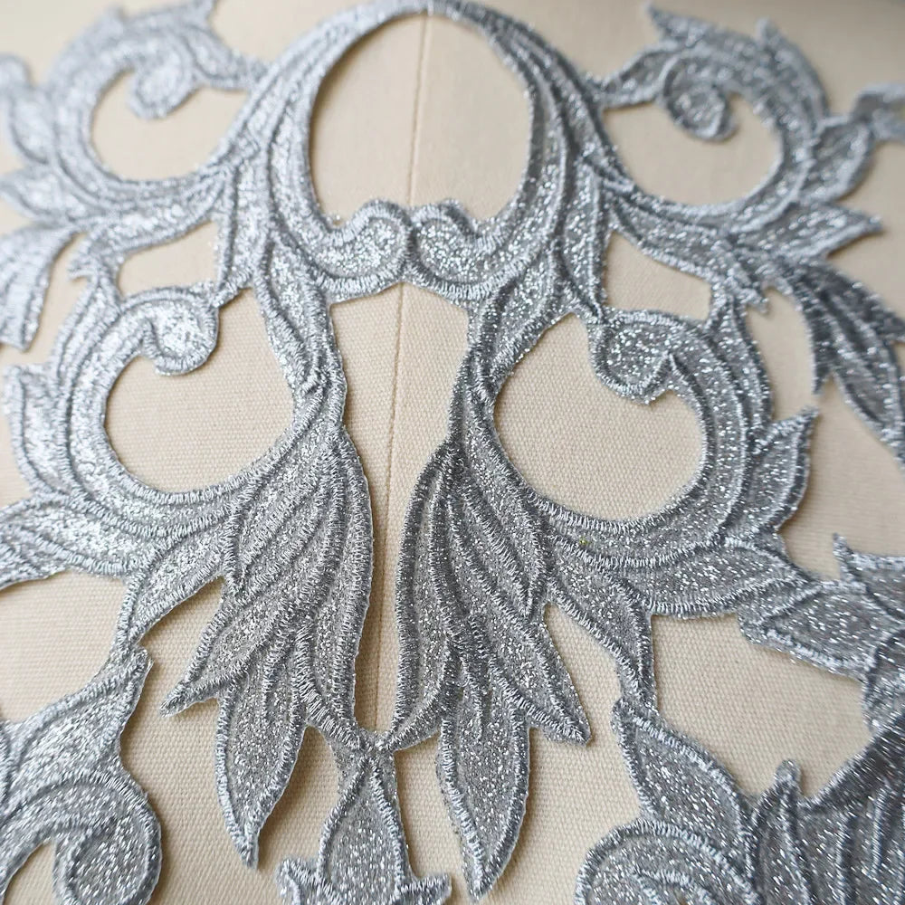 Silver Baroque Sequin Flower Applique – Embroidered Iron-On Patch for Wedding & DIY Crafts