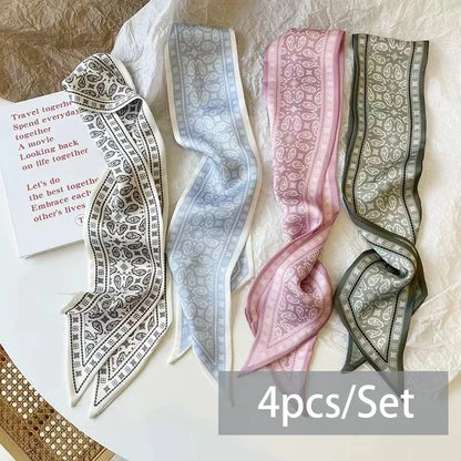 4pcs Silk Satin Scarves for Women – Hair Bands, Neck Ties & Bag Accessories