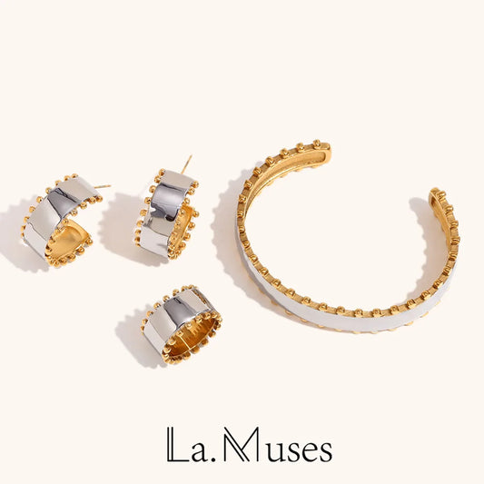 La.Muses Mix Color Round Bead Jewelry Set – Stainless Steel Earrings, Ring & Bracelet High-End Fashion Gift for Women