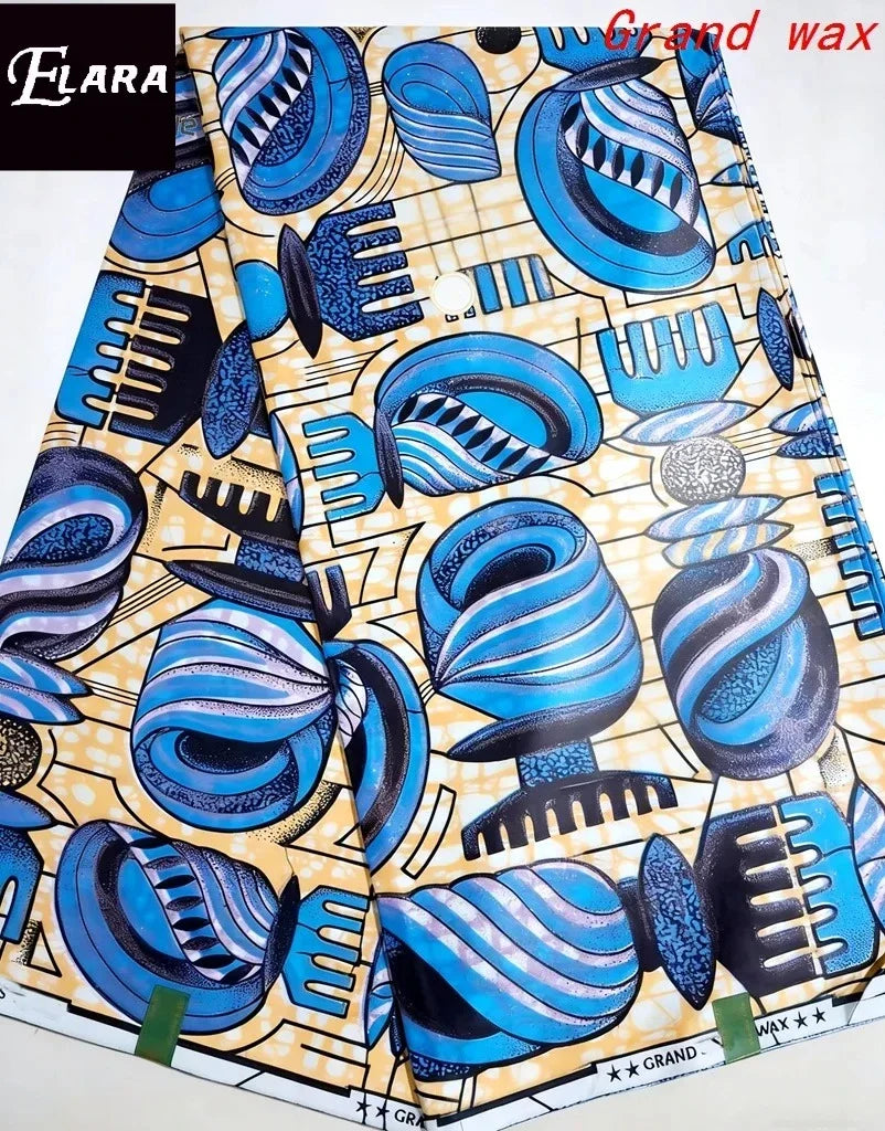 African Real Wax Print Fabric - Grand Original Ankara Blue Cotton Wax Material 6 Yards for Stylish Dresses & Uniforms