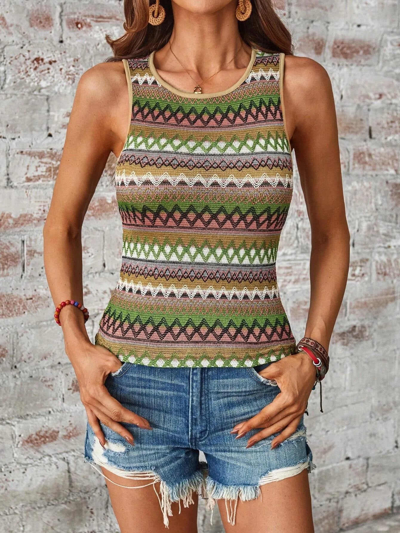 Women’s Fashion Stripe 3D Print Tank Top – Summer Casual O-Neck Off-Shoulder Y2K Sleeveless Camisole Vest